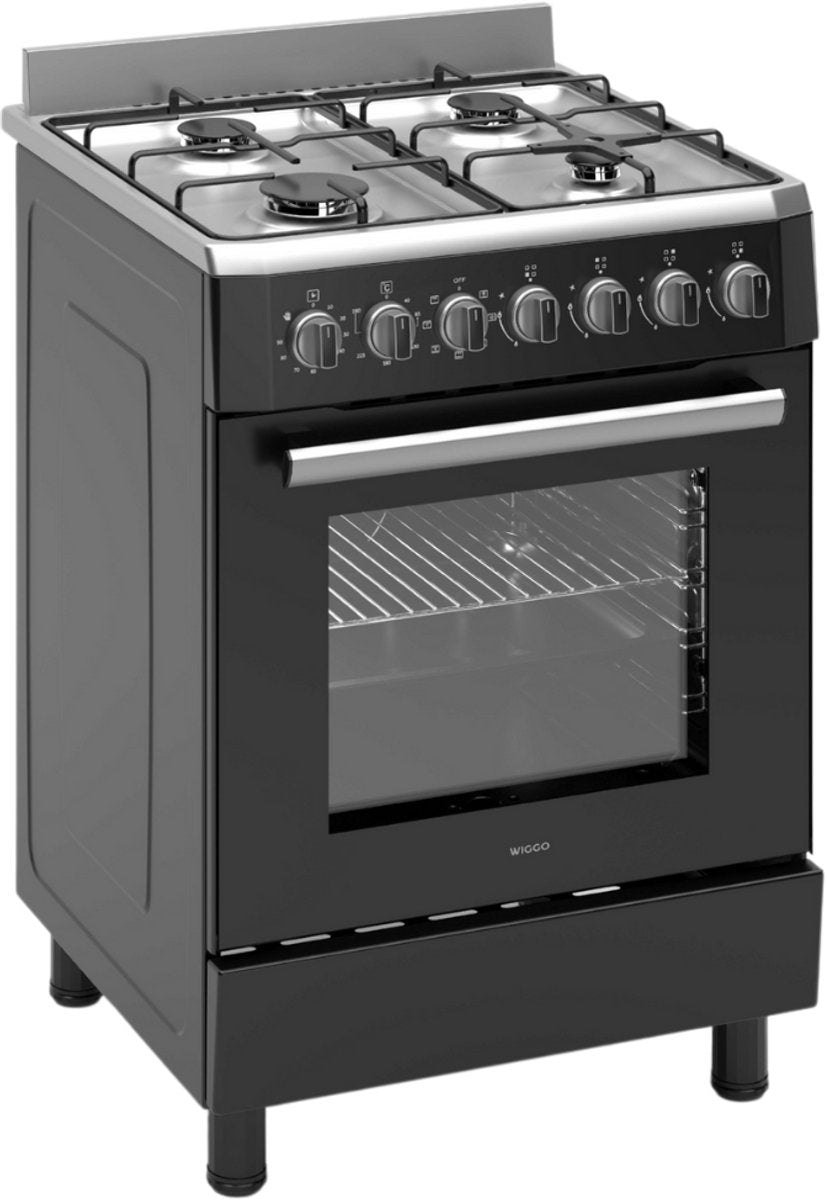 Wiggo - WO-E609R(BX) - Vrijstaand - Gasfornuis - Serie 9 - 60 cm - 66 Liter - 4 pitten - Energieklasse B - 5 jaar garantie - Zwart Rvs