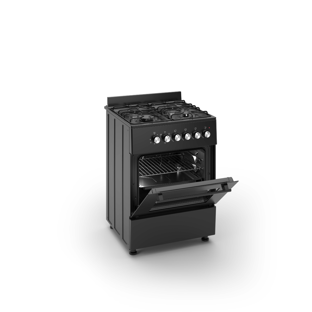 Wiggo WO‑E603A(BB) Vrijstaande Gasfornuis - 60 cm - Zwart met open oven en gasbranders.