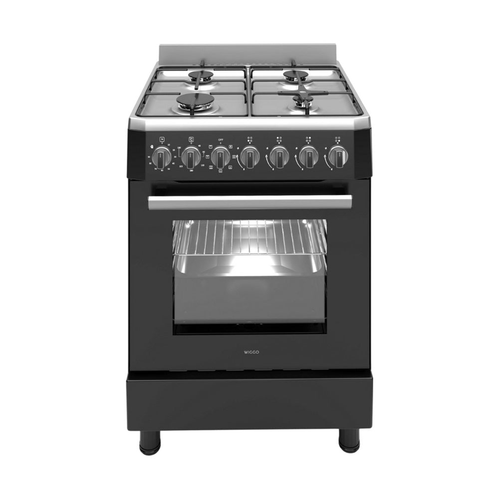 Wiggo - WO-E609R(BX) - Vrijstaand - Gasfornuis - Serie 9 - 60 cm - 66 Liter - 4 pitten - Energieklasse B - 5 jaar garantie - Zwart Rvs